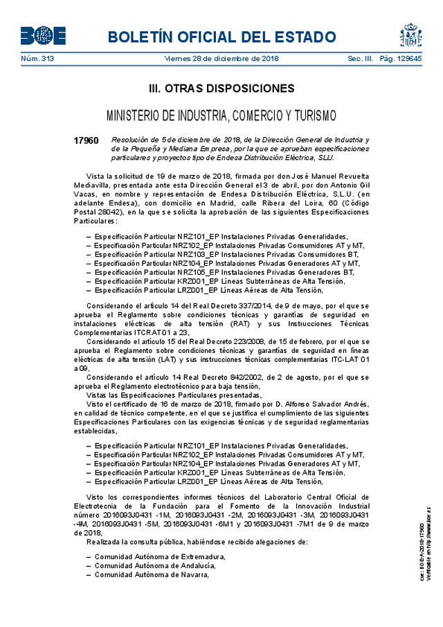 Se aprueban las especificaciones particulares y proyectos tipo de Endesa Distribución Eléctrica, SLU.