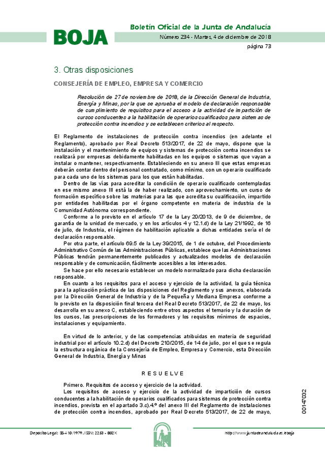 Se aprueba, en Andalucía, el modelo de declaración responsable de cumplimiento de requisitos para el acceso a la actividad de impartición de cursos conducentes a la habilitación de operarios cualificados para sistemas de protección contra incendios y se e