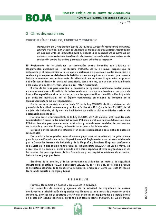 Se aprueba, en Andalucía, el modelo de declaración responsable de cumplimiento de requisitos para el acceso a la actividad de impartición de cursos conducentes a la habilitación de operarios cualificados para sistemas de protección contra incendios y se e