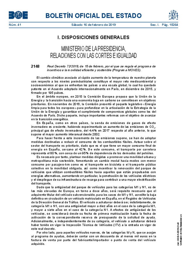 Real Decreto 72/2019, de 15 de febrero, por el que se regula el programa de incentivos a la movilidad eficiente y sostenible