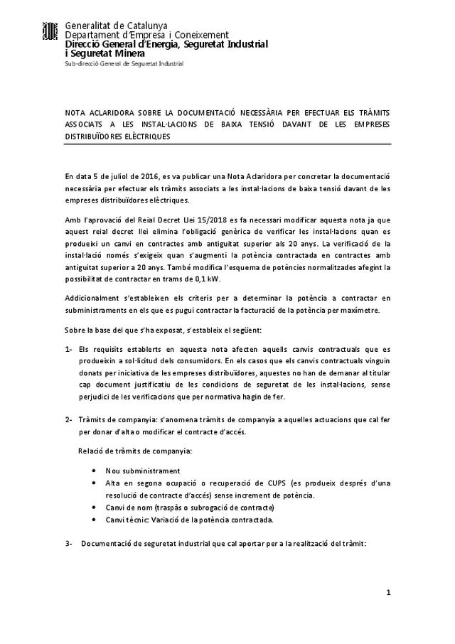 Nota aclaratoria sobre la documentación necesaria para efectuar los trámites asociados a las instalaciones de baja tensión ante las empresas distribuidoras eléctricas.