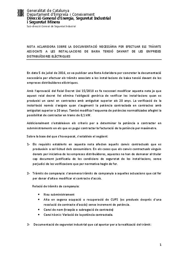 Nota aclaratoria sobre la documentación necesaria para efectuar los trámites asociados a las instalaciones de baja tensión ante las empresas distribuidoras eléctricas.