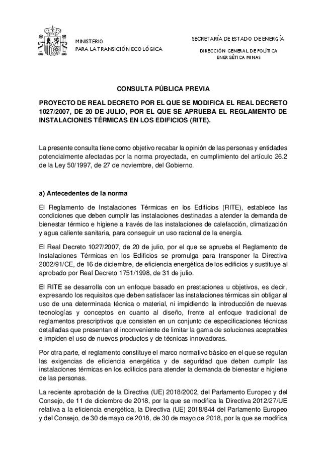 Se hace público el Proyecto de Real Decreto por el que se modifica el Real Decreto 1027/2007, por el que se aprueba el Reglamento de Instalaciones Térmicas en los Edificios (RITE).