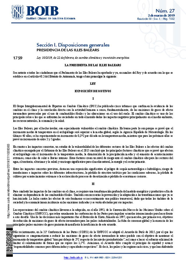 Se publica en las Islas Baleares, Ley 10/2019 de cambio climático y transición energética.