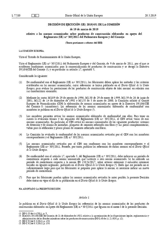 Se publica la lista de normas armonizadas sobre productos de construcción elaboradas en apoyo del Reglamento UE 305/2011.