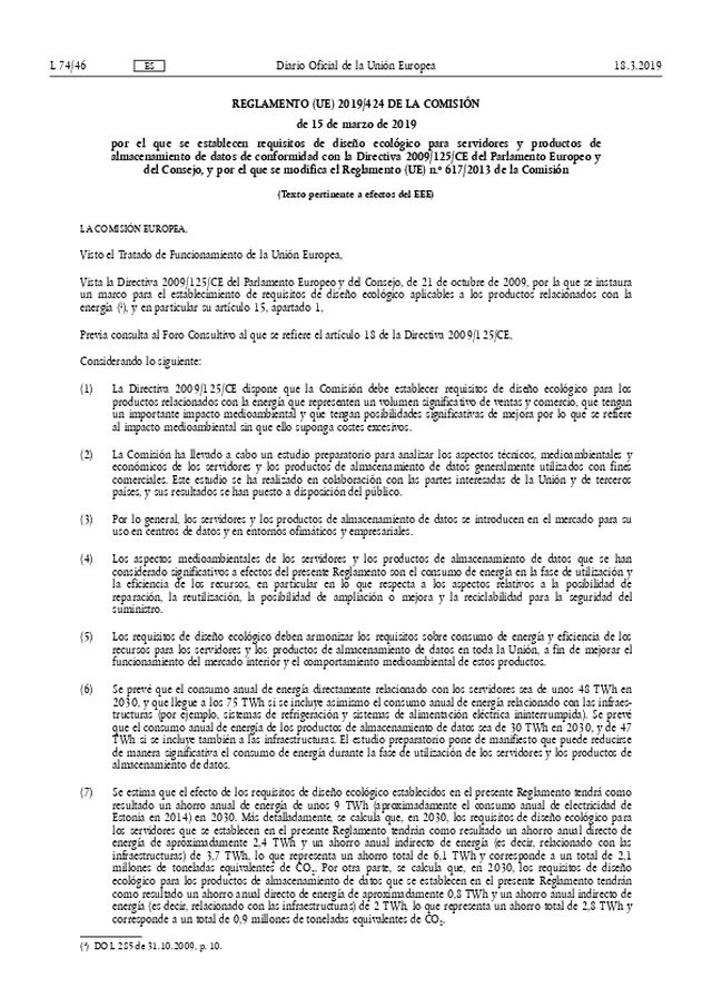 Se establecen requisitos de diseño ecológico para servidores y productos de almacenamiento de datos de conformidad con la Directiva 2009/125/CE