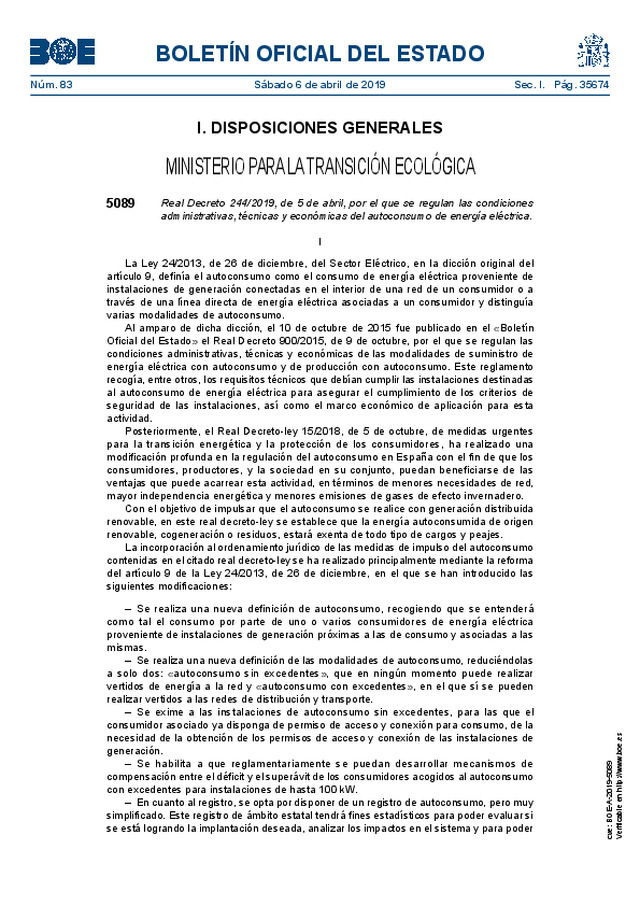 Se publica el Real Decreto 244/2019 que regula las condiciones administrativas, técnicas y económicas del autoconsumo de energía eléctrica.
