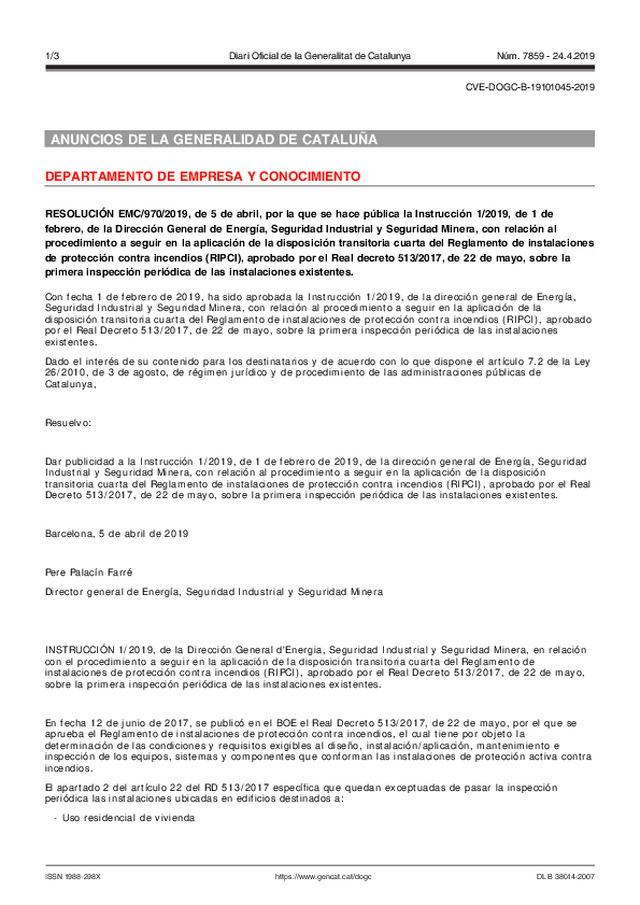 Se hace pública oficialmente, en Cataluña, la Instrucción 1/2019, de 01-02-2019, de la Dirección General de Energía