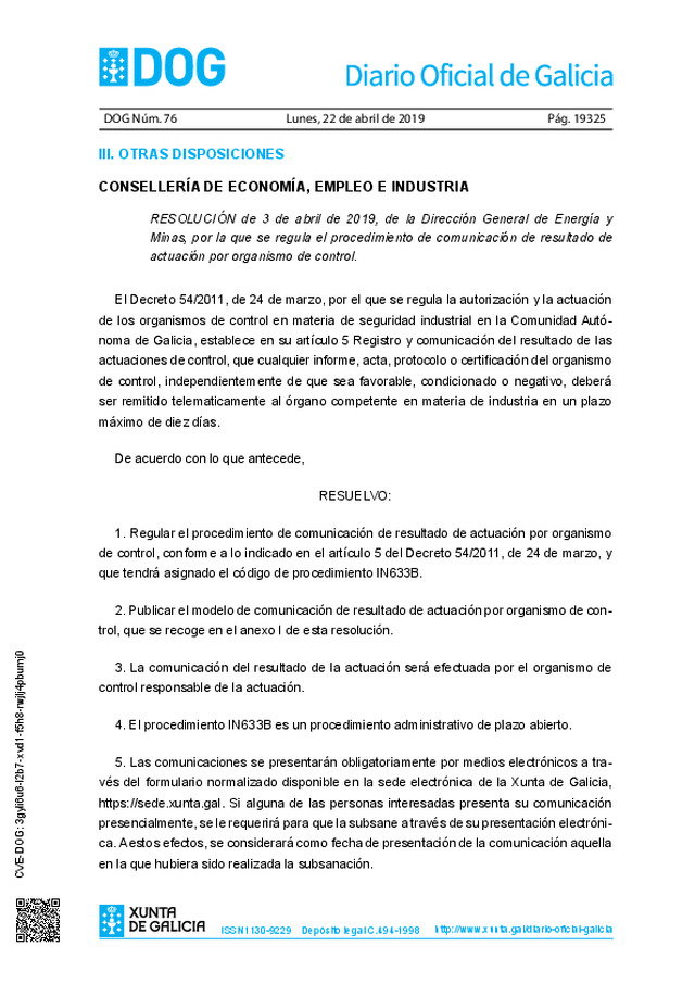 Se regula, en Galicia, el procedimiento de comunicación de resultado de actuación por organismo de control.