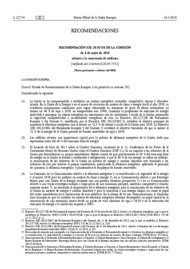 La Unión Europea publica la Recomendación UE 2019/786, de 08-05-2019, relativa a la renovación de edificios.