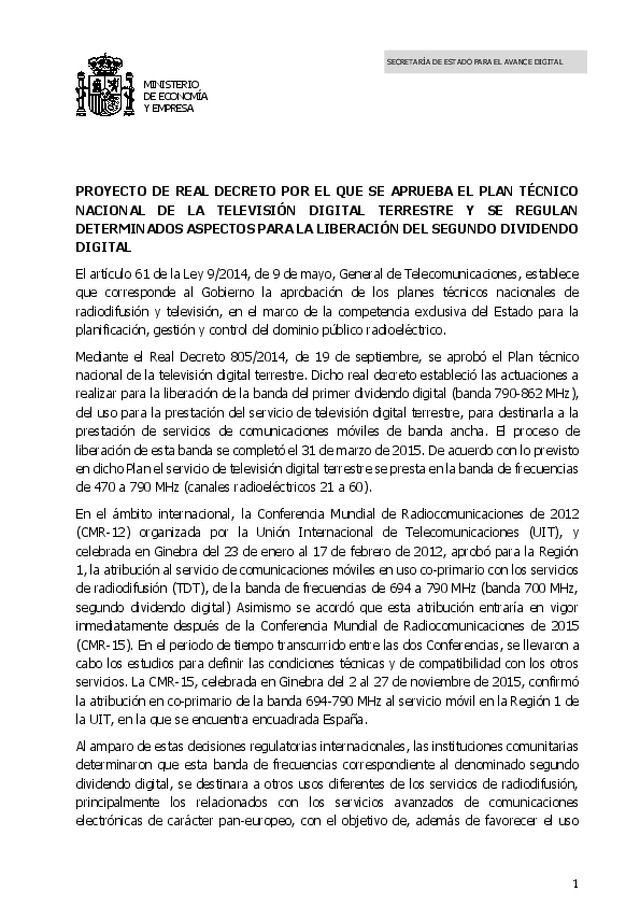 Real decreto por el que se aprueba el plan técnico nacional de la televisión digital terrestre y se regulan determinados aspectos para la liberación del segundo dividendo digital