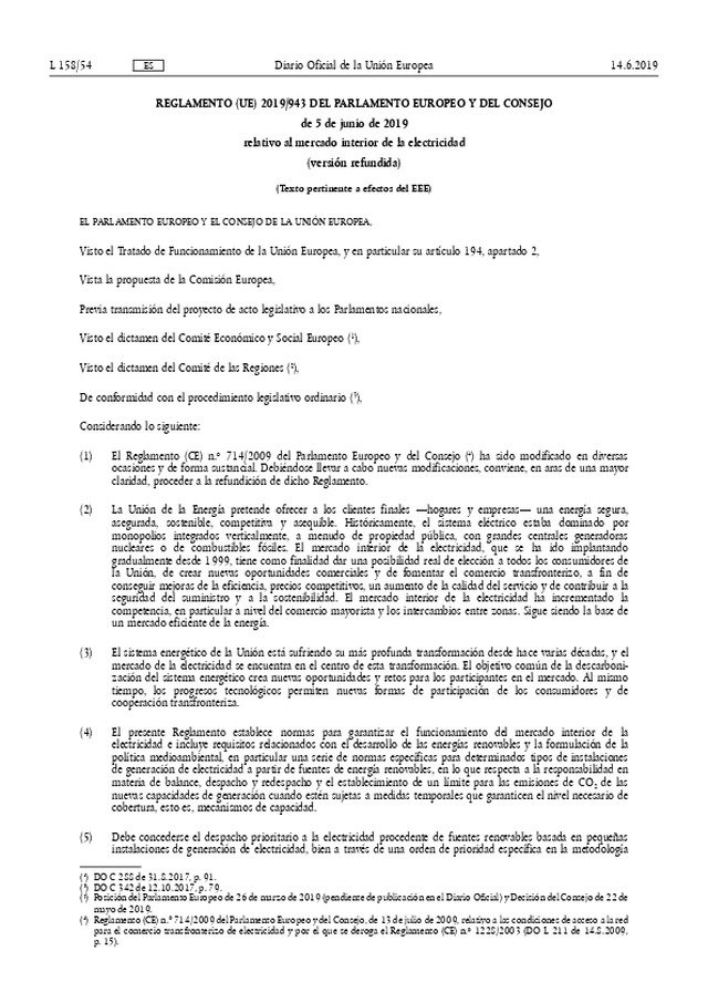 La Unión Europea publica el Reglamento UE 2019/943 relativo al mercado interior de la electricidad.
