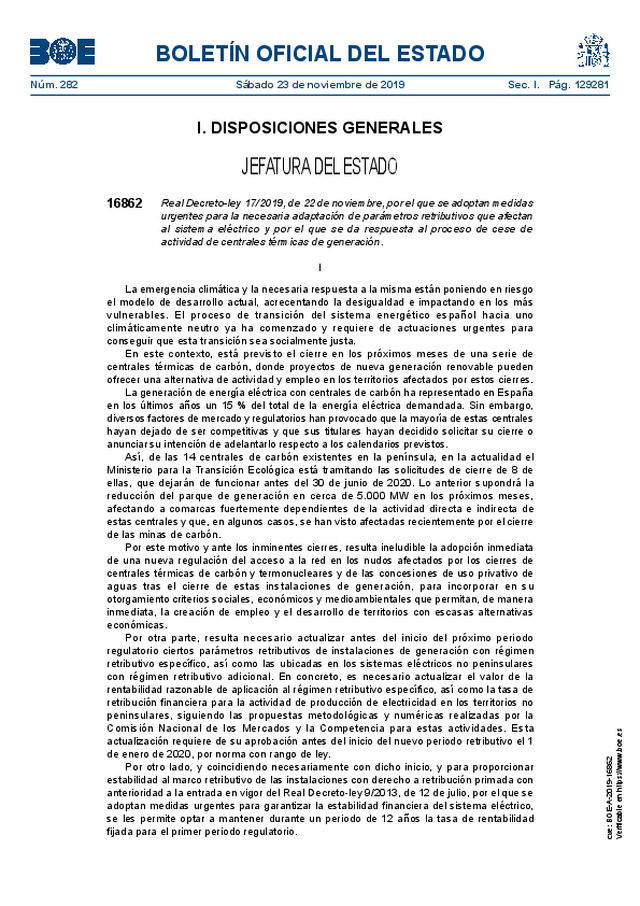 Real Decreto-ley 17/2019, de 22 de noviembre
