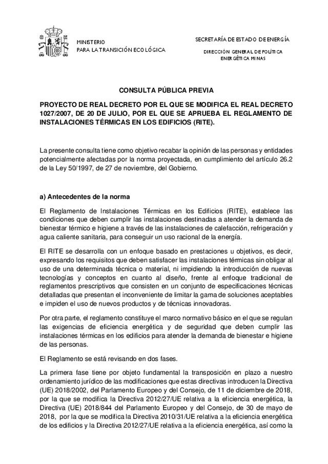 Proyecto de Real Decreto por el que se modifica el Real Decreto 1027/2007, de 20-07-2007, por el que se aprueba el Reglamento de Instalaciones Térmicas en los Edificios (RITE).