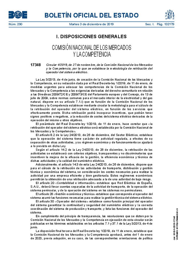 Aprobada la circular por la que se establece la metodología de retribución del operador del sistema eléctrico