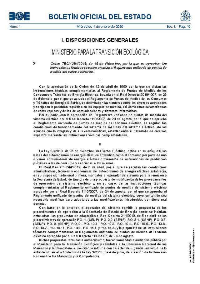 Se aprueban las instrucciones técnicas complementarias al Reglamento unificado de puntos de medida del sistema eléctrico aprobado por Real Decreto 1110/2007.
