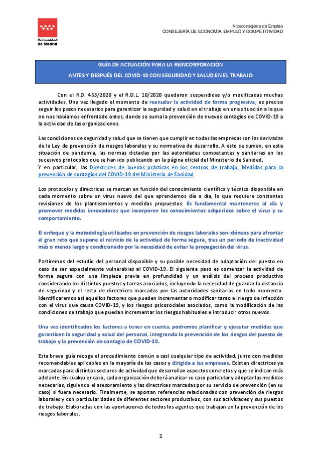 Comunidad de Madrid: Guía de Actuación para la Reincorporación Antes y Después del COVID-19