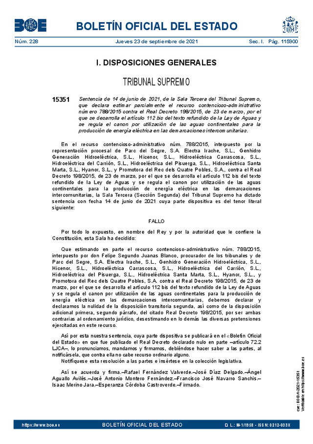 Sentencia 14-06-2021, por el que se desarrolla el artículo 112 bis del texto refundido de la Ley de Aguas y se regula el canon por utilización de las aguas continentales para la producción de energía eléctrica en las demarcaciones intercomunitarias