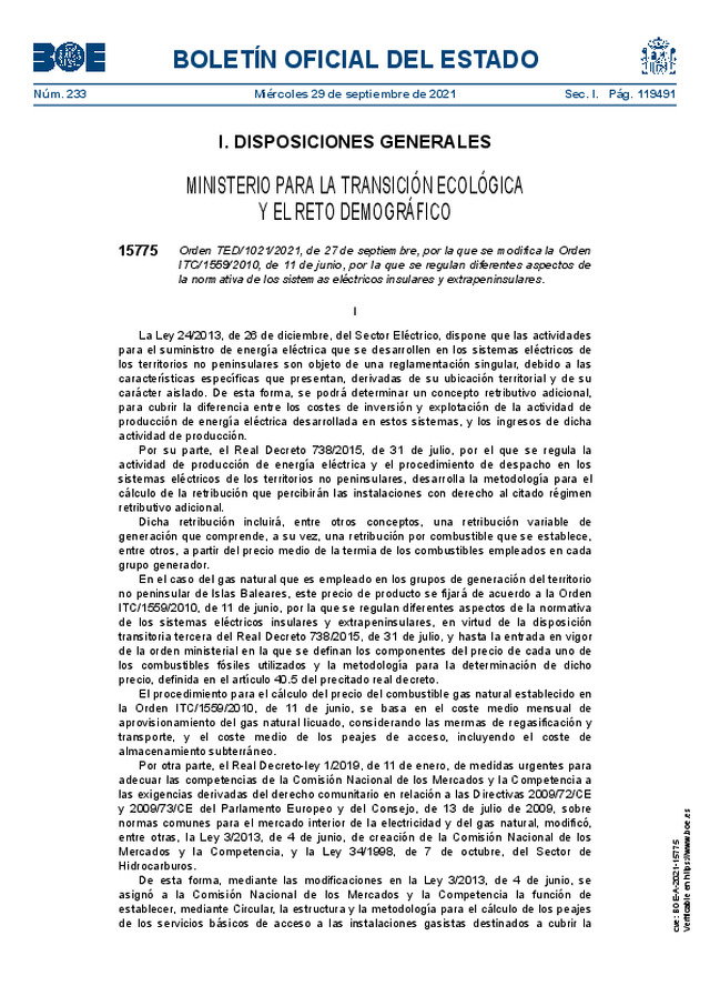 Orden TED/1021/2021, de 27-09-2021, por la que se modifica la Orden ITC/1559/2010, de 11-06-2010, por la que se regulan diferentes aspectos de la normativa de los sistemas eléctricos insulares y extrapeninsulares