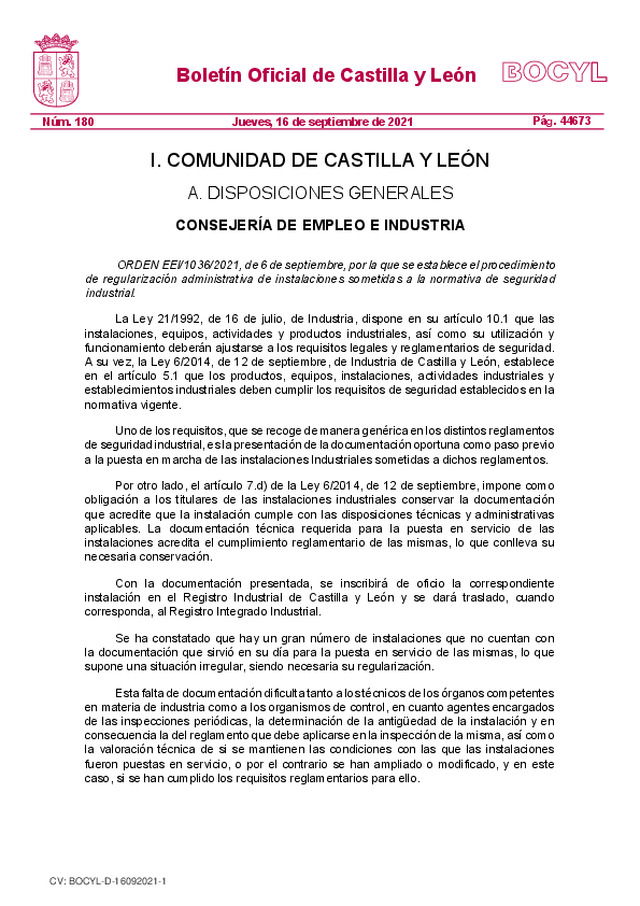 Se establece en Castila y León, el procedimiento de regularización administrativa de instalaciones sometidas a la normativa de seguridad industrial.