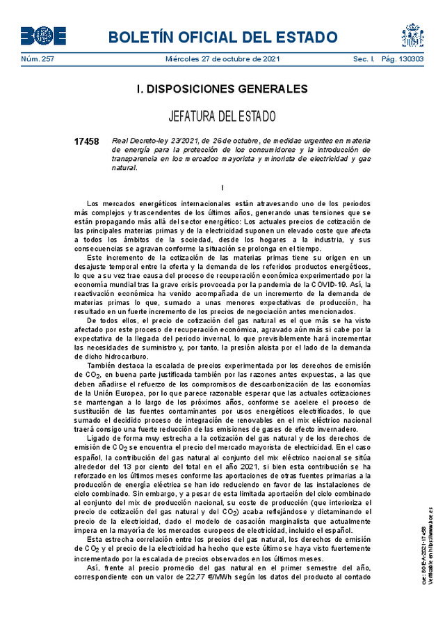 Real Decreto-ley 23/2021, de 26-10-2021, de medidas urgentes en materia de energía para la protección de los consumidores y la introducción de transparencia en los mercados mayorista y minorista de electricidad y gas natural. BOE-20211027-2.pdf