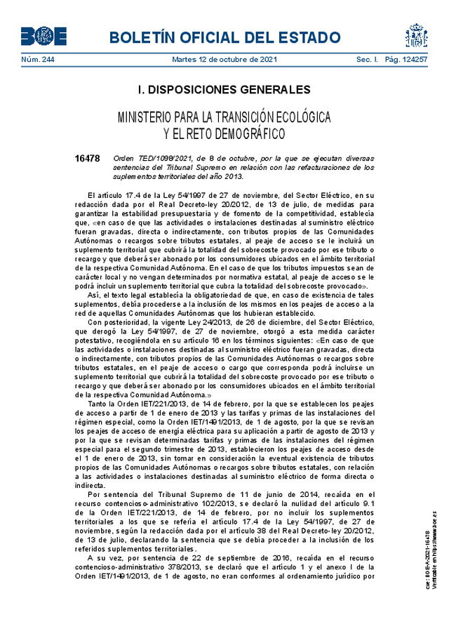 Orden TED/1098/2021, de 08-10-2021, por la que se ejecutan diversas sentencias del Tribunal Supremo en relación con las refacturaciones de los suplementos territoriales del año 2013.