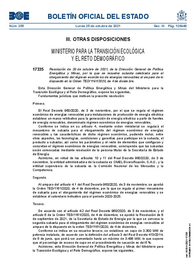 Resolución 20-10-2021, de la Dirección General de Política Energética y Minas, por la que se resuelve subasta celebrada para el otorgamiento del régimen económico de energías renovables al amparo de lo dispuesto en la Orden TED/1161/2020, de 04-12-2020