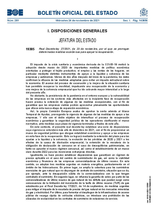 Real Decreto-ley 27/2021, de 23-11-2021, por el que se prorrogan determinadas medidas económicas para apoyar la recuperación