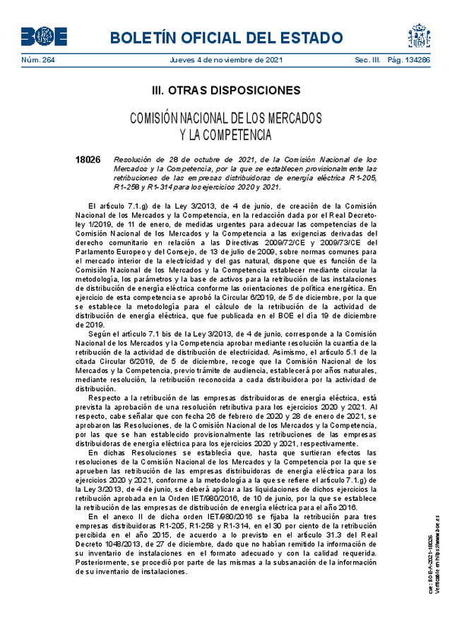 Resolución de 28 de octubre de 2021, de la Comisión Nacional de los Mercados y la Competencia, por la que se establecen provisionalmente las retribuciones de las empresas distribuidoras de energía eléctrica