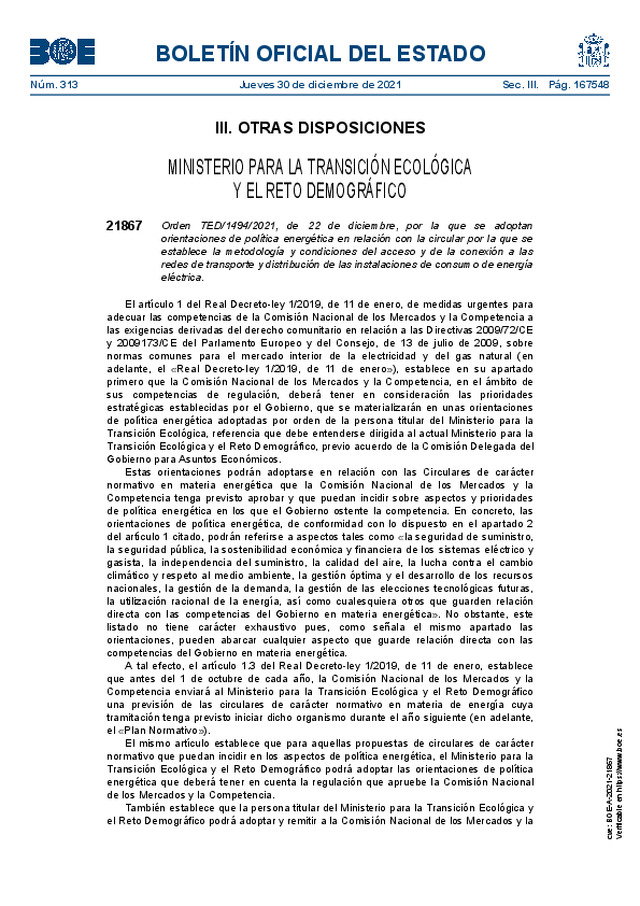 Política energética en relación con la circular por la que se establece la metodología y condiciones del acceso y de la conexión a las redes de transporte y distribución de las instalaciones de consumo de energía eléctrica