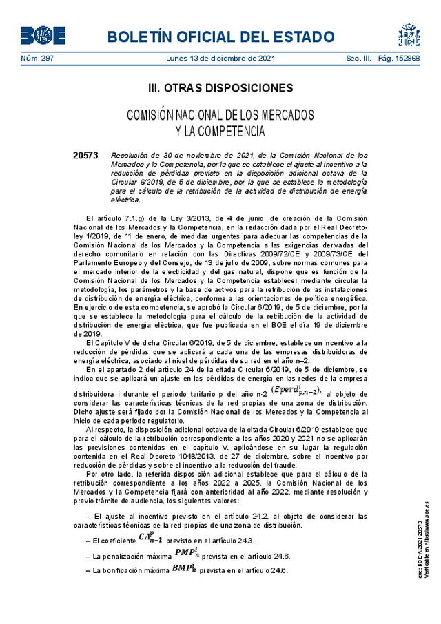 Se establece la metodología para el cálculo de la retribución de la actividad de distribución de energía eléctrica