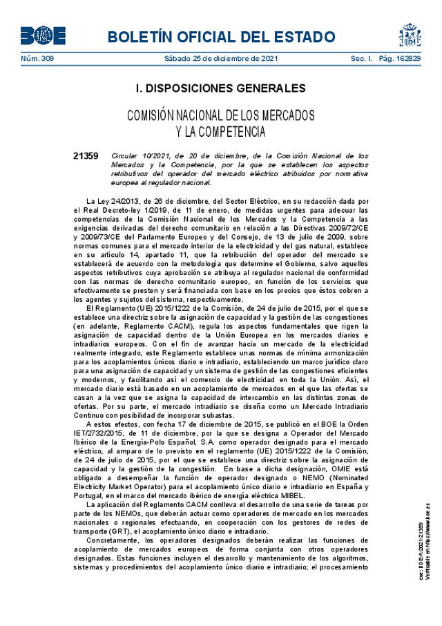 Se establecen los aspectos retributivos del operador del mercado eléctrico atribuidos por normativa europea al regulador nacional.