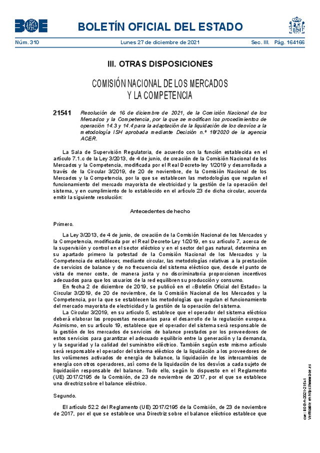 Se modifican los procedimientos de operación 14.3 y 14.4 para la adaptación de la liquidación de los desvíos a la metodología ISH aprobada mediante Decisión n.º 18/2020 de la agencia ACER