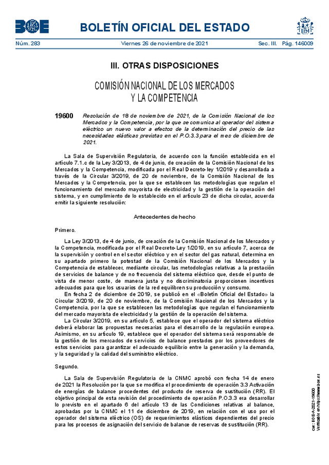 Determinación del precio de las necesidades elásticas previstas en el P.O.3.3 para el mes de diciembre de 2021