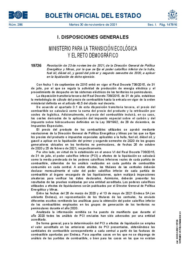 Poder calorífico inferior de la hulla, fuel oil, diésel oil, y gasoil del primer y segundo semestre de 2020, a aplicar en la liquidación de dicho ejercicio