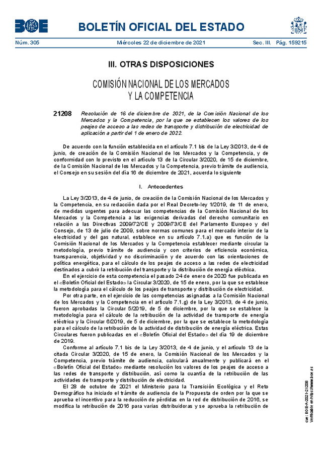 Valores de los peajes de acceso a las redes de transporte y distribución de electricidad de aplicación a partir del 01-01-2022.