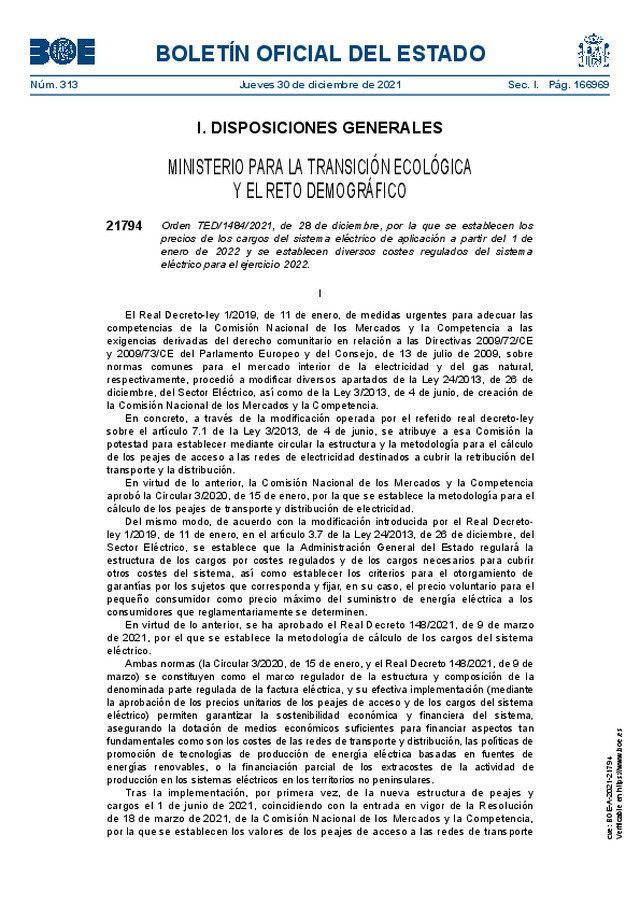 Precios de los cargos del sistema eléctrico de aplicación a partir del 01-01-2022 y se establecen diversos costes regulados del sistema eléctrico para el ejercicio 2022