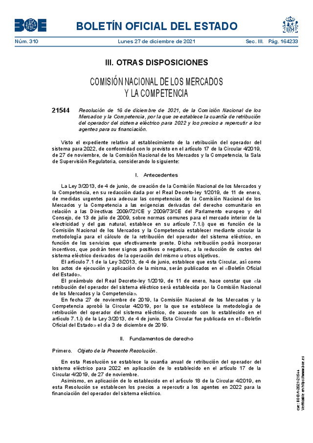 Cuantía de retribución del operador del sistema eléctrico para 2022 y los precios a repercutir a los agentes para su financiación
