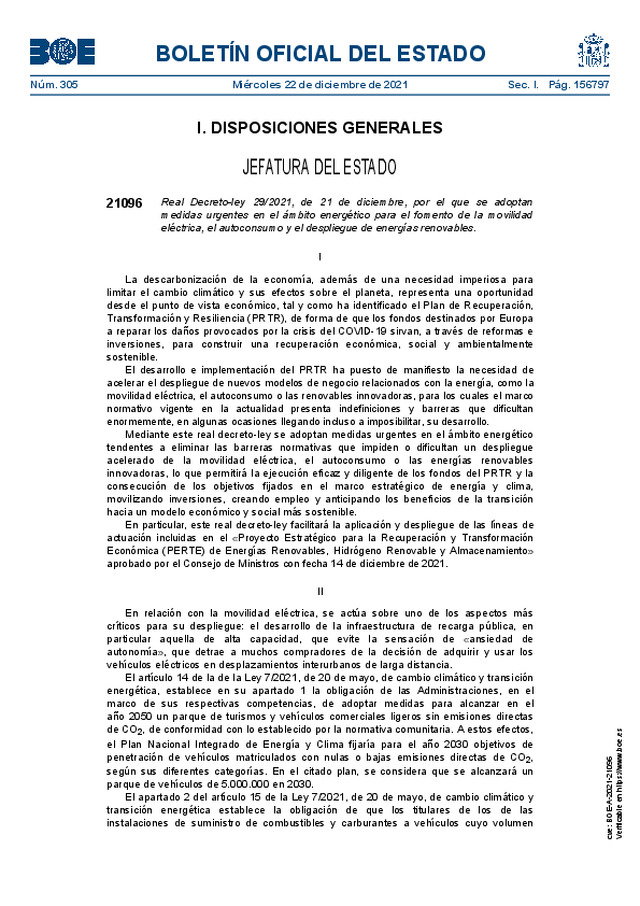 Real Decreto-ley 29/2021, de 21 de diciembre 2021, por el que se adoptan medidas urgentes en el ámbito energético para el fomento de la movilidad eléctrica, el autoconsumo y el despliegue de energías renovables