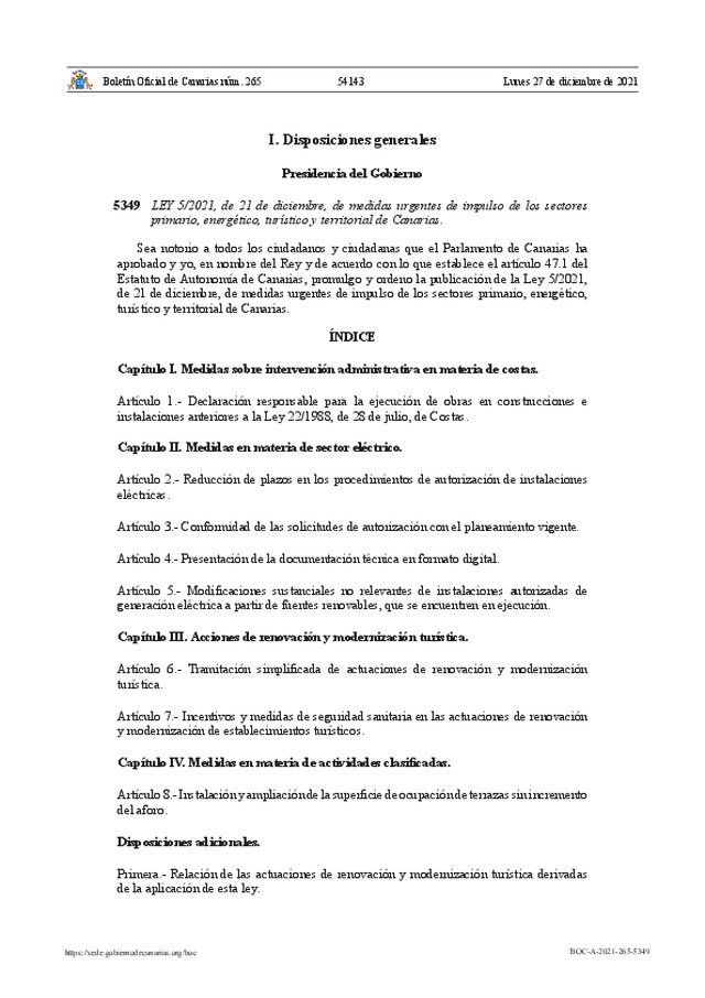 Se establecen en Canarias, medidas urgentes de impulso del sector energético y territorial.