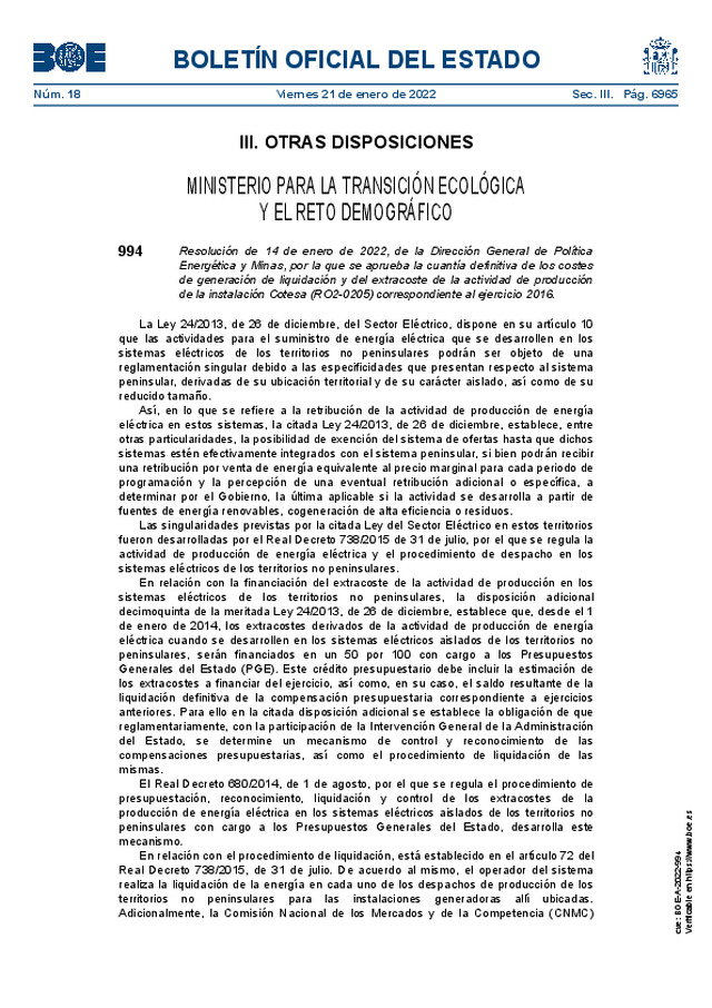 Cuantía definitiva de los costes de generación de liquidación y del extracoste de la actividad de producción de la instalación Cotesa (RO2-0205) correspondiente al ejercicio 2016