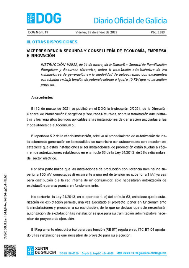 Se publica, en Galicia, una instrucción para aclarar la tramitación administrativa de las instalaciones de generación asociadas a la modalidad de autoconsumo con excedentes, conectadas en baja tensión y potencia inferior o igual a 10 KW