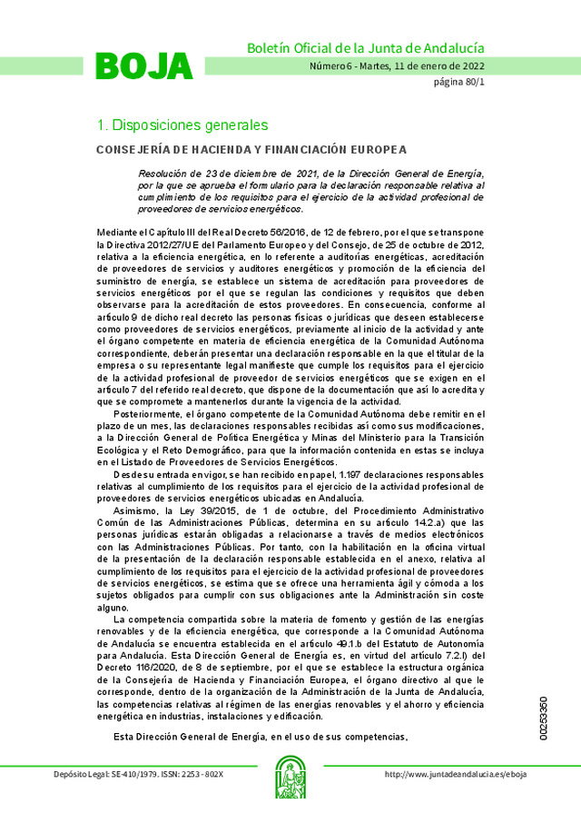 Se aprueba, en Andalucía, el formulario para la declaración responsable relativa al cumplimiento de requisitos para el ejercicio de la actividad profesional de proveedores de servicios energéticos
