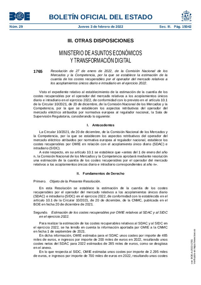 Estimación de la cuantía de los costes recuperables por el operador del mercado relativos a los acoplamientos únicos diario e intradiario en el ejercicio 2022