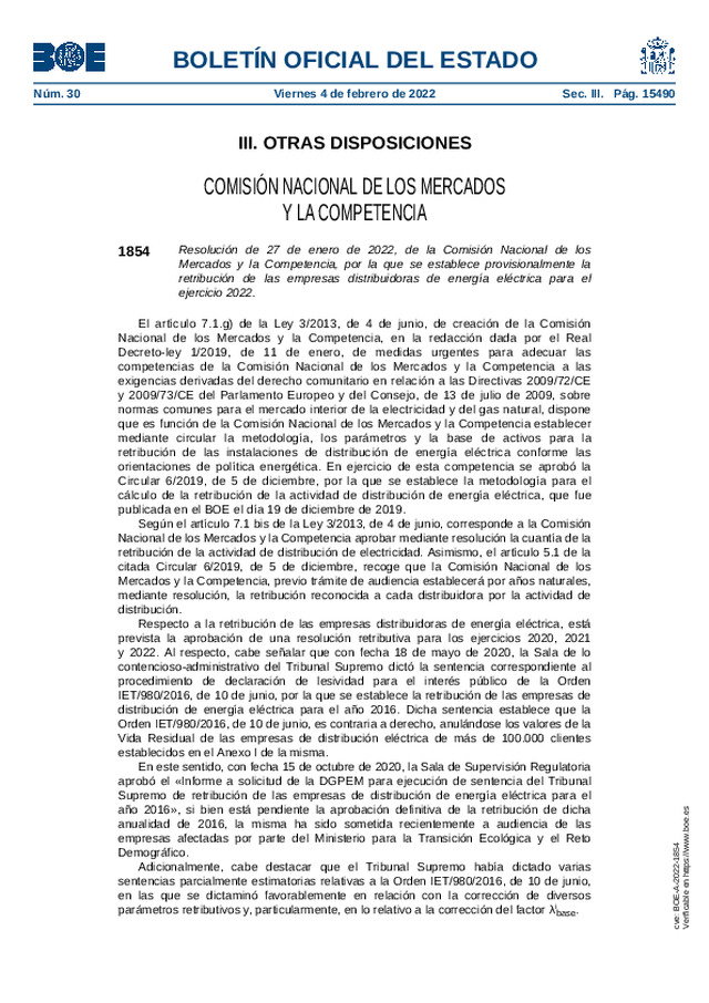 Retribución provisional de las empresas distribuidoras de energía eléctrica para el ejercicio 2022