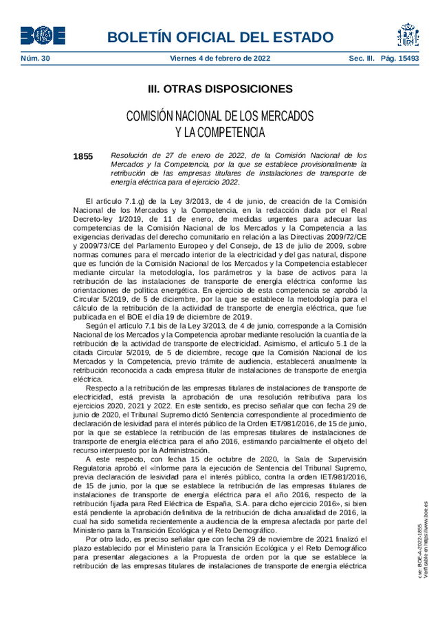 Retribución provisional  de las empresas titulares de instalaciones de transporte de energía eléctrica para el ejercicio 2022