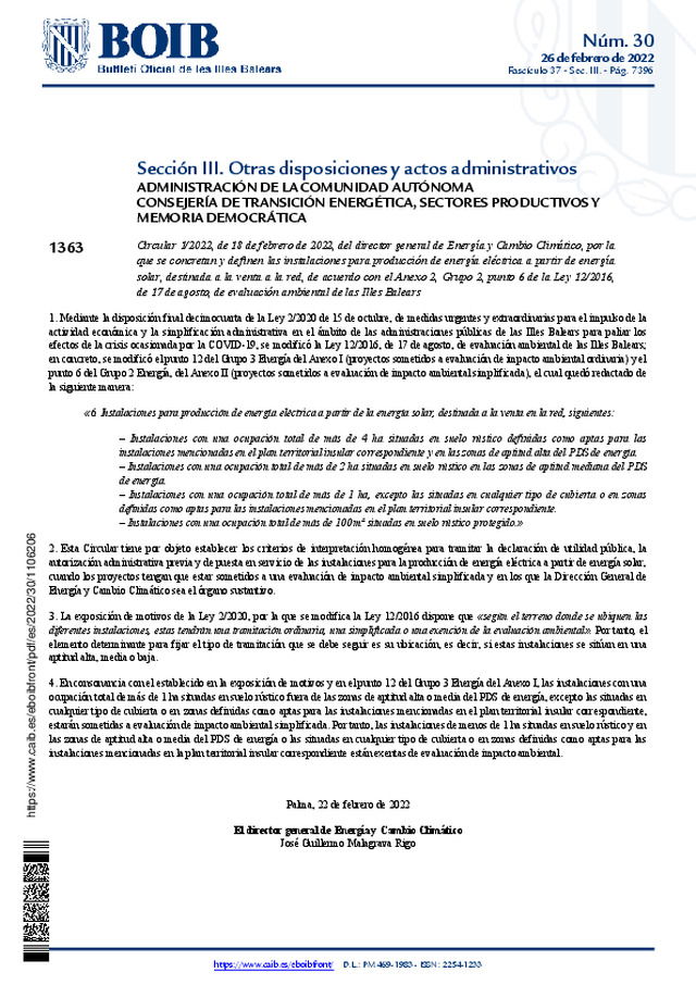 Se publica en Baleares, la Circular 1/2022 que concreta y define las instalaciones para producción de energía eléctrica a partir de energía solar, destinada a la venta a la red.
