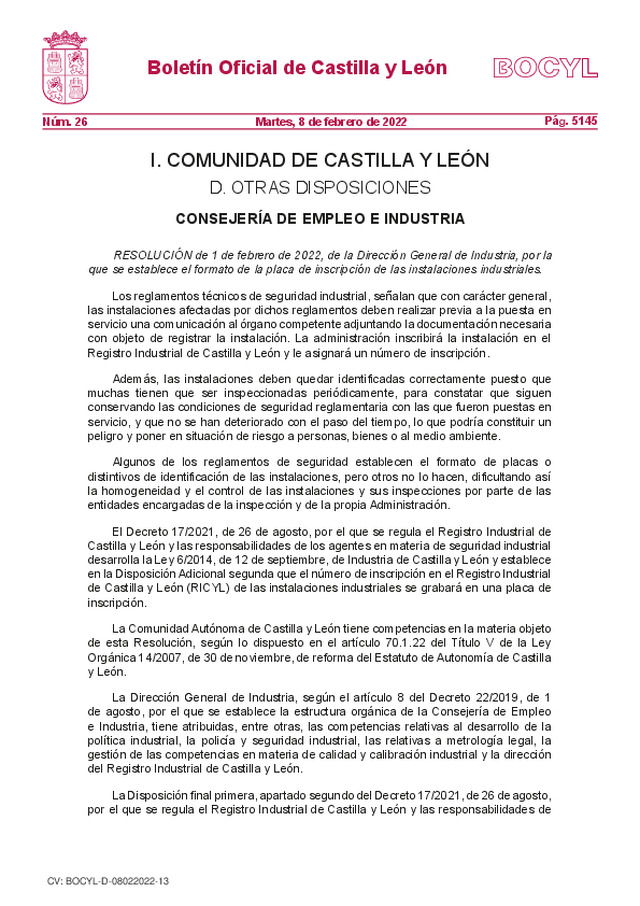Se establece, en Castilla y León, el formato de la placa de inscripción de las instalaciones industriales.