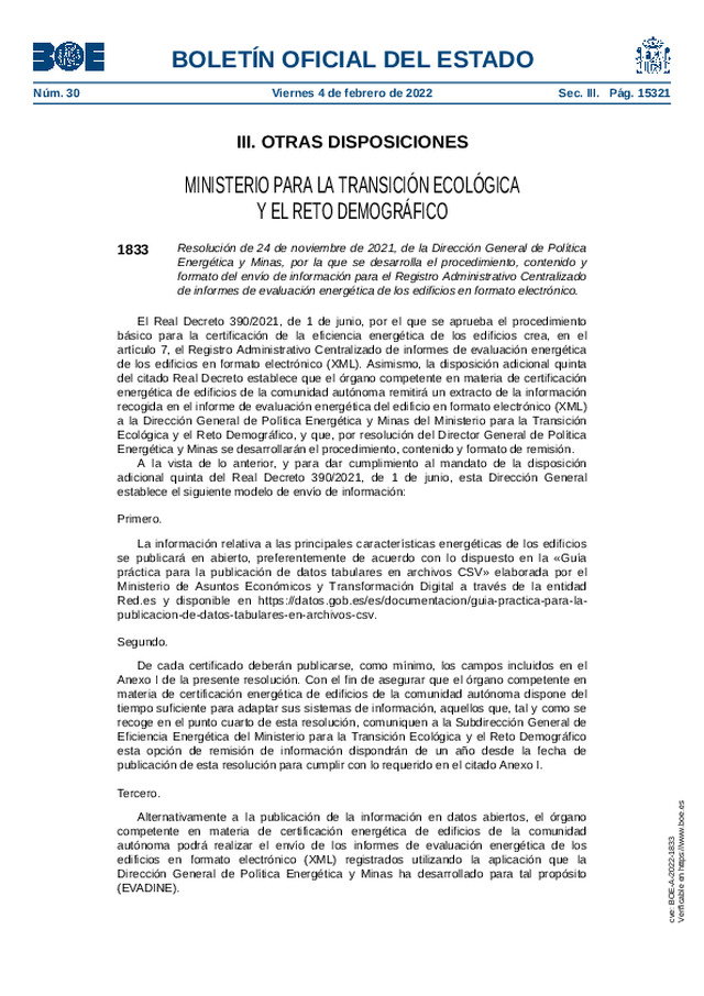 Se desarrolla el procedimiento, contenido y formato del envío de información para el Registro Administrativo Centralizado de informes de evaluación energética de los edificios en formato electrónico