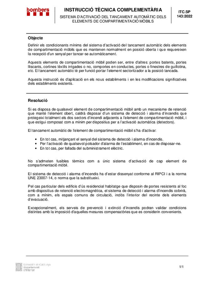 Se publica en Cataluña, la Instrucción ITC.SP 143 relativa al sistema de activación del cierre automático de los elementos de compartimentación móviles